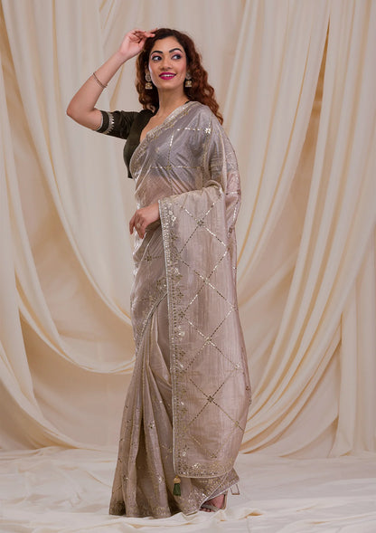 Beige Gotapatti Organza Saree