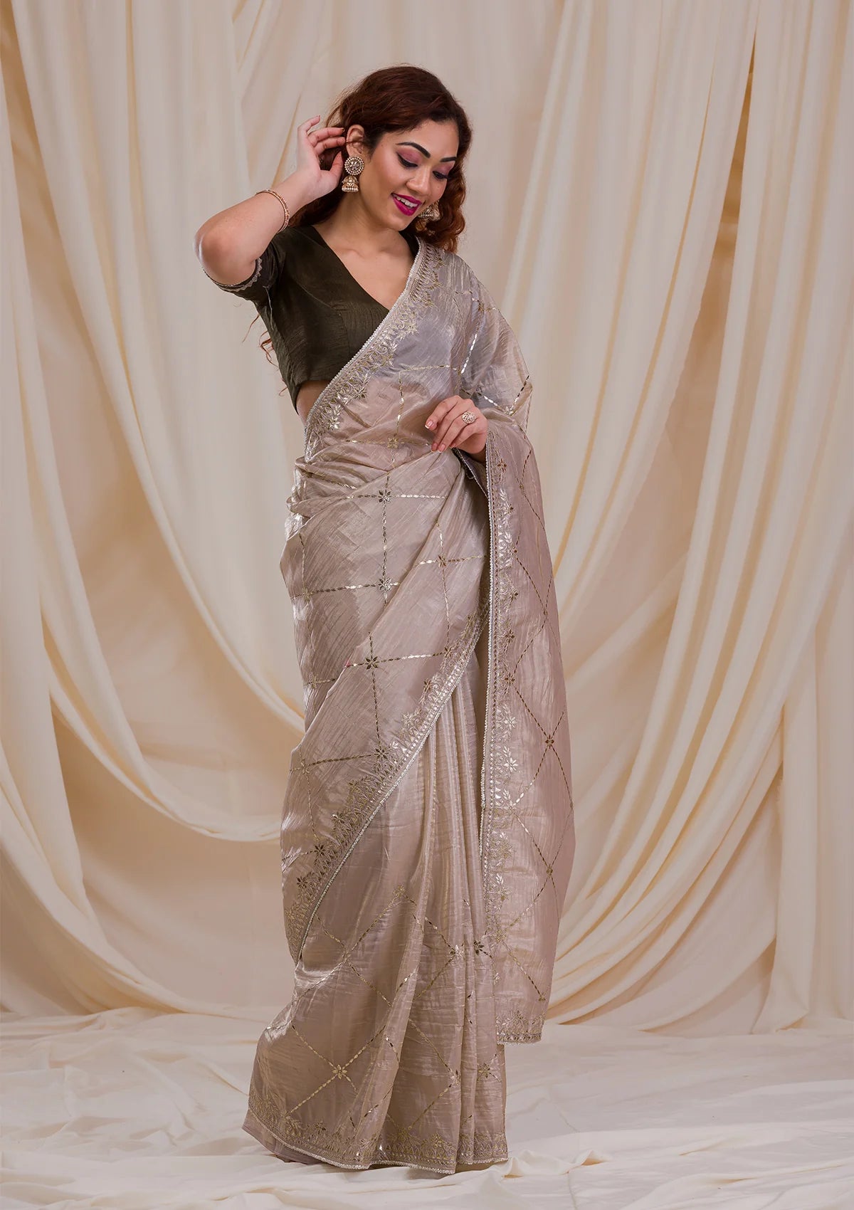 Beige Gotapatti Organza Saree