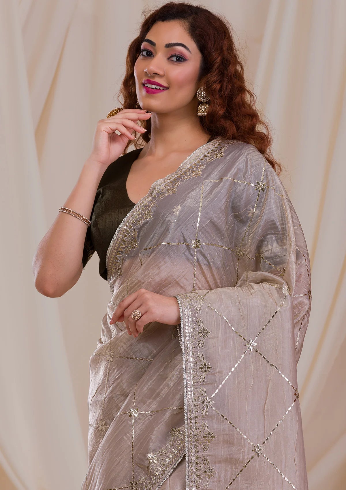 Beige Gotapatti Organza Saree