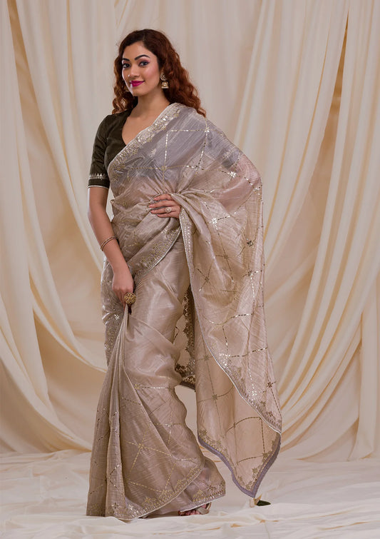 Beige Gotapatti Organza Saree