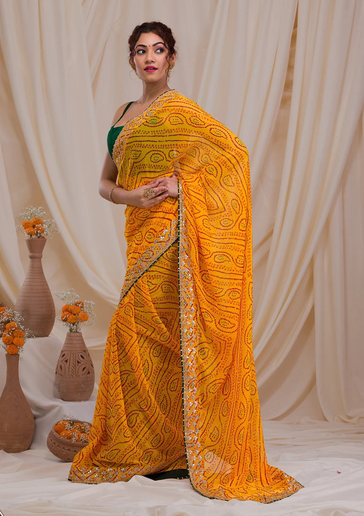 ZYellow Bandhani Gotapatti Georgette Saree