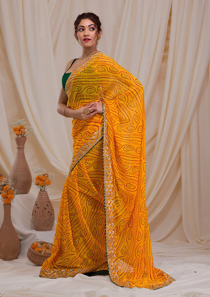 ZYellow Bandhani Gotapatti Georgette Saree