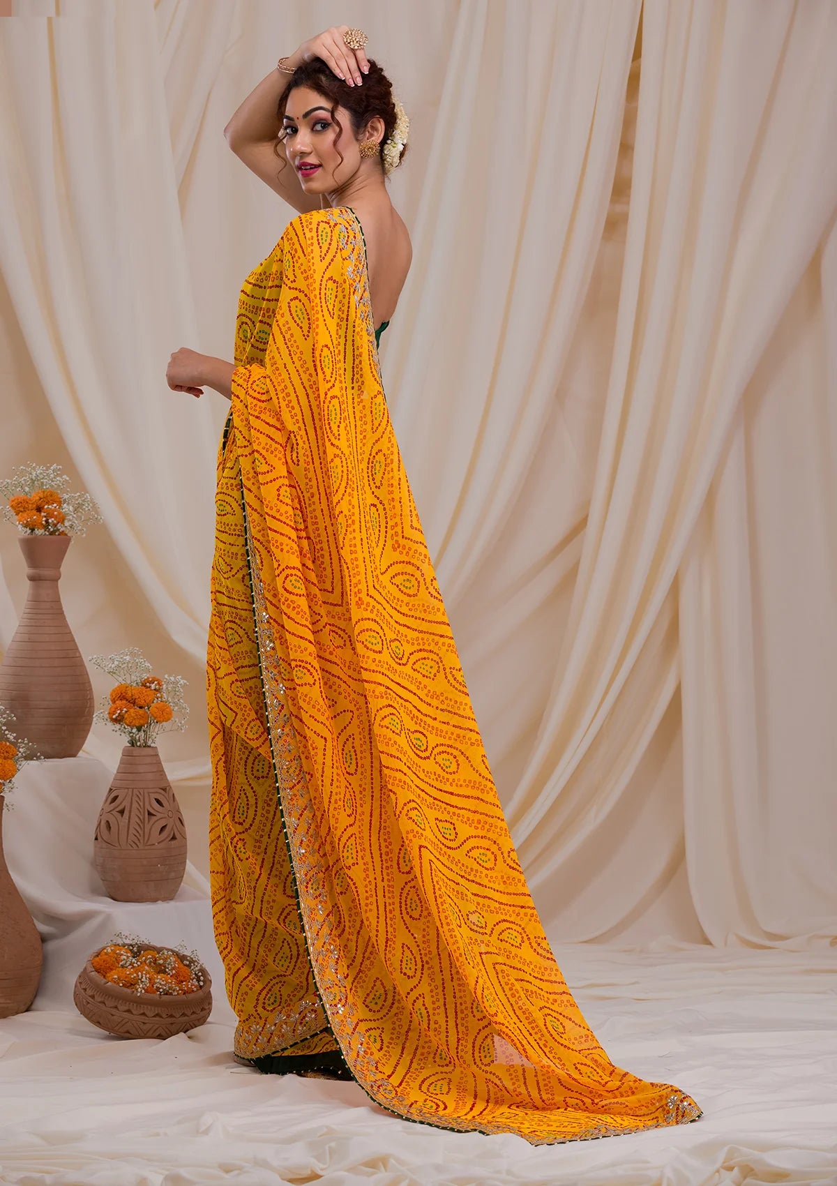 ZYellow Bandhani Gotapatti Georgette Saree