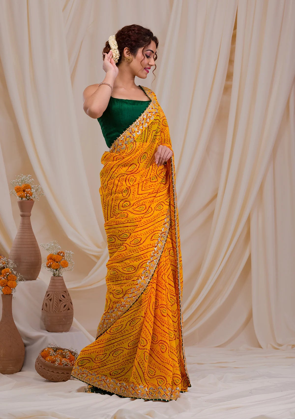 ZYellow Bandhani Gotapatti Georgette Saree