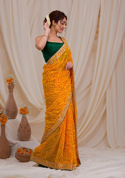ZYellow Bandhani Gotapatti Georgette Saree