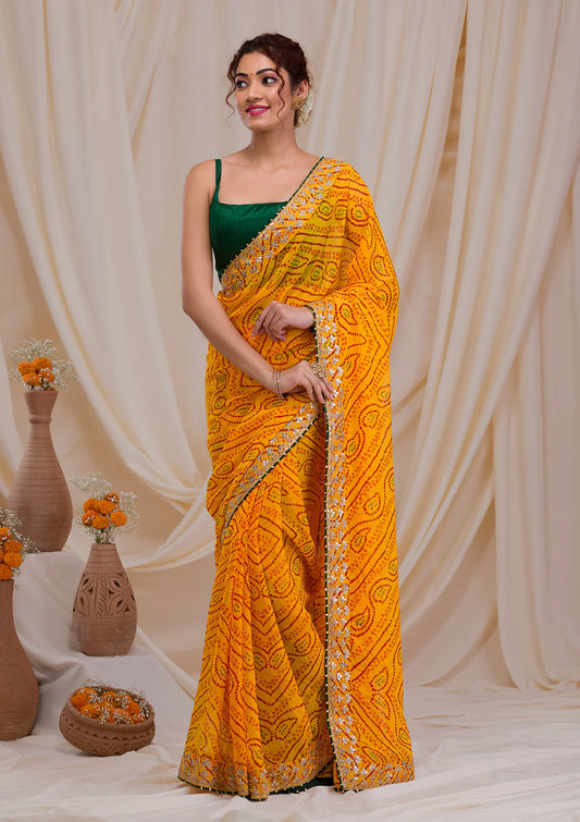 ZYellow Bandhani Gotapatti Georgette Saree