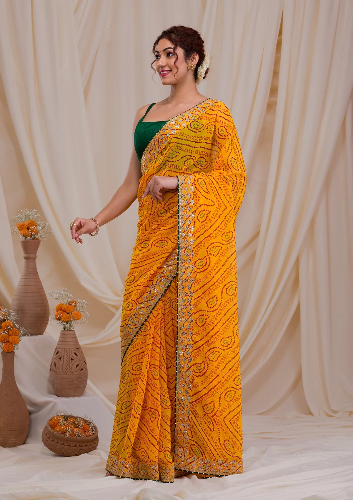 ZYellow Bandhani Gotapatti Georgette Saree