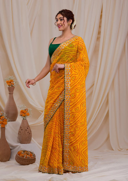 ZYellow Bandhani Gotapatti Georgette Saree
