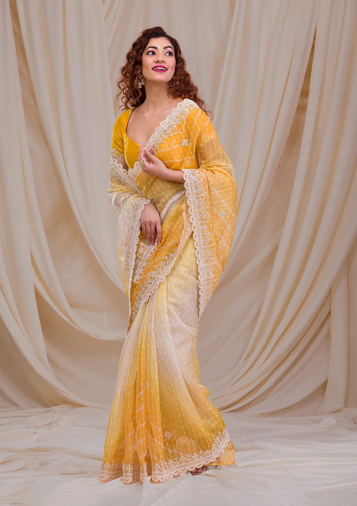 Yellow Ombre Net Saree