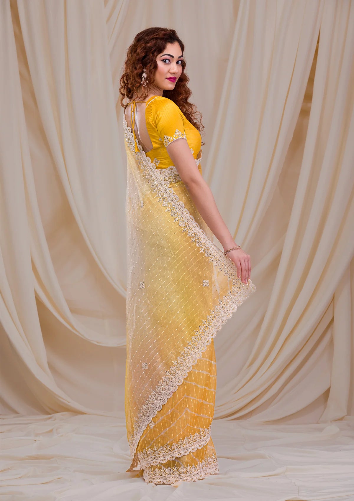 Yellow Ombre Net Saree