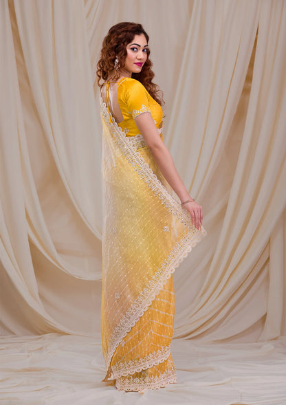 Yellow Ombre Net Saree