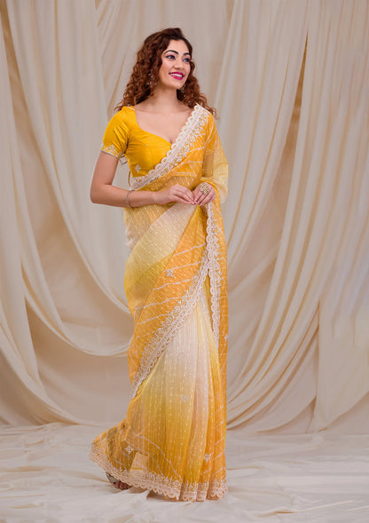 Yellow Ombre Net Saree