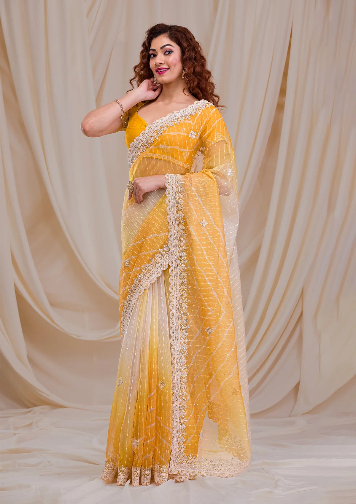 Yellow Ombre Net Saree