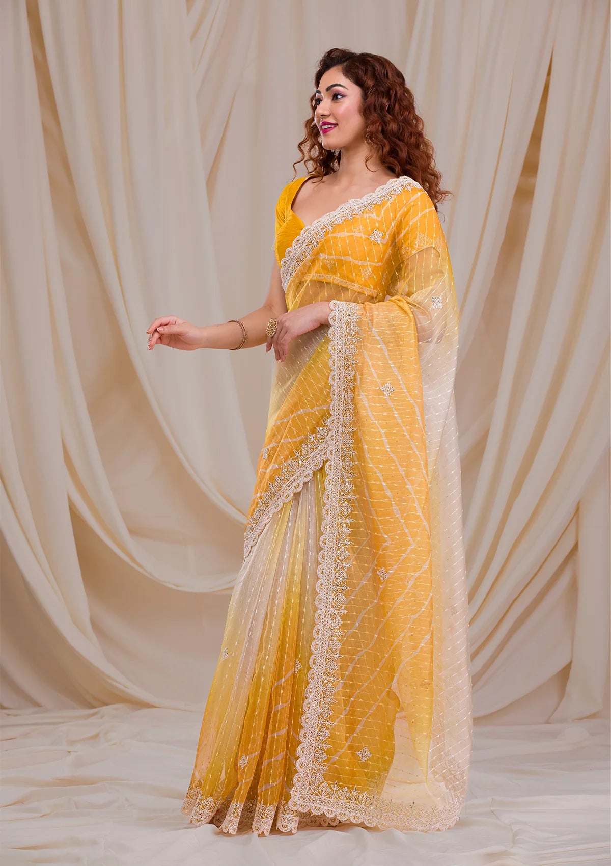 Yellow Ombre Net Saree