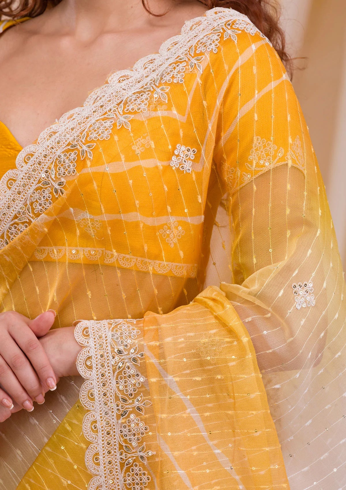 Yellow Ombre Net Saree