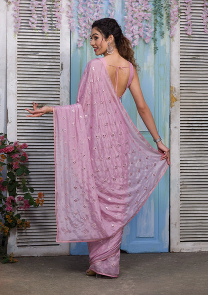 Onion Pink Swarovski Semi Crepe Designer Saree